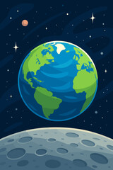 Naklejka premium Earthrise cartoon vector of our planet seen from the Moon. Spectacular view of the blue world in outer space with stars and galaxy. Science, astronomy, exploration, ecology concept.