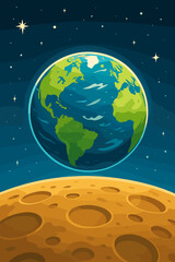 Fototapeta premium Earthrise cartoon vector illustration from the moon's cratered surface. Spectacular view of planet Earth from outer space with stars. Astronomy, science, space exploration concept.