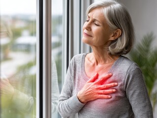 Elderly woman clutching chest in pain by window, eyes closed in discomfort, possible cardiac event.