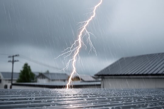 Lightning striking a metal roof during a heavy downpour, rain falling on rooftop, lightning bolt hitting house.