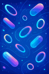 Futuristic abstract background with vibrant neon gradient shapes. Floating 3D rings and capsules in blue digital space. Technology, data flow, science, and virtual reality concept.