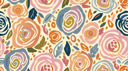 Seamless floral pattern of stylized roses and leaves in a variety of pastel colors on a light background