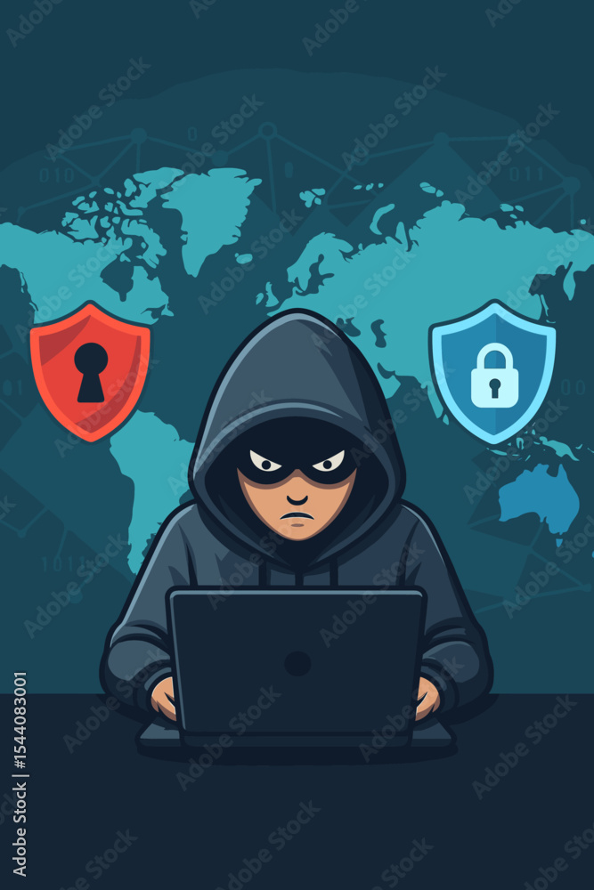 Poster hacker in hoodie at laptop committing cyber attack. cybersecurity concept with world map, network, s
