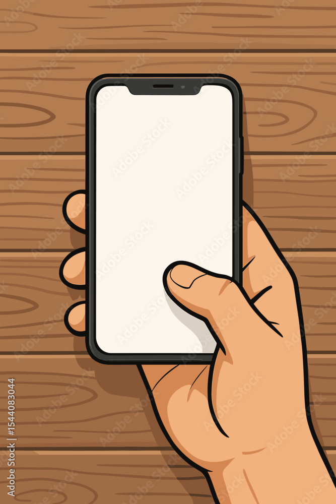 Poster hand holding smartphone with a blank screen for mockup. top view of a person using a mobile device o