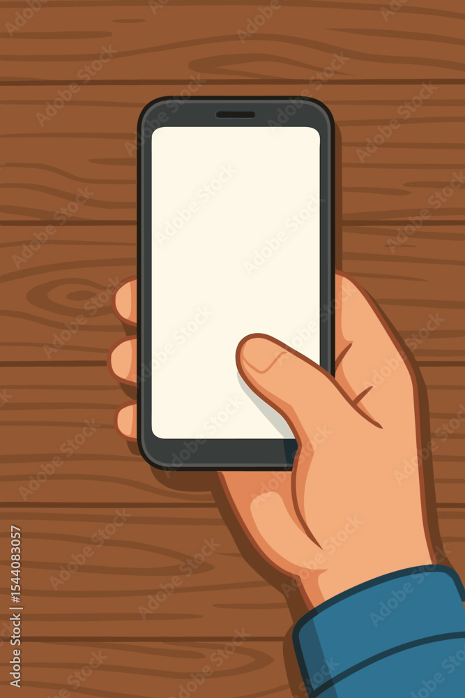 Poster hand holding a smartphone with a blank screen. top-down view of a person using a mobile phone on a w