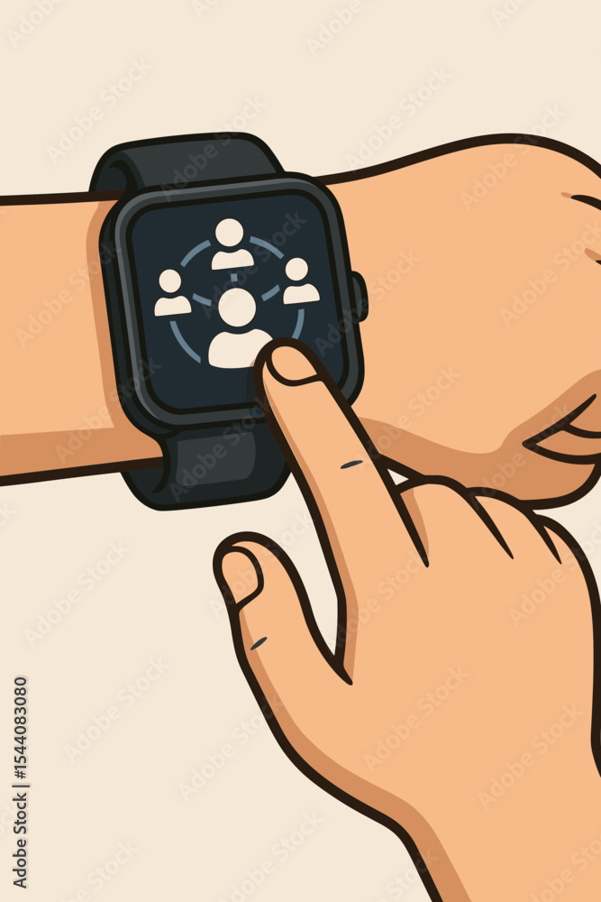 Poster hand using a smartwatch app for social networking. finger taps customer network icon on a wearable d
