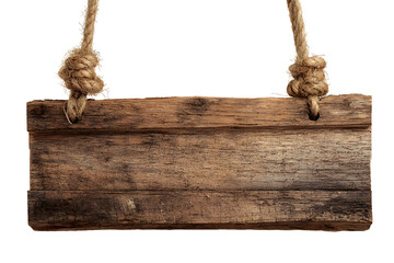 Weathered wooden sign suspended from ropes, ready for custom messaging against transparent backdrop