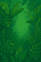 Lush green tropical rainforest leaves background with copy space, vibrant exotic foliage, cartoon jungle border, botanical nature pattern, monstera palm banana vector illustration