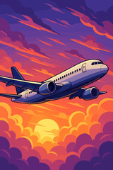 Commercial jet airplane flies high above dramatic sunset clouds in vibrant sky. Aviation travel concept. Modern airliner in flight. Vector illustration for tourism, holiday, adventure, journey themes.
