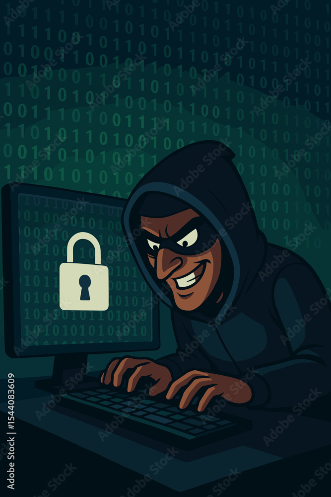 Poster cybersecurity threat hacker in hoodie infiltrating secure network, typing at computer with digital b