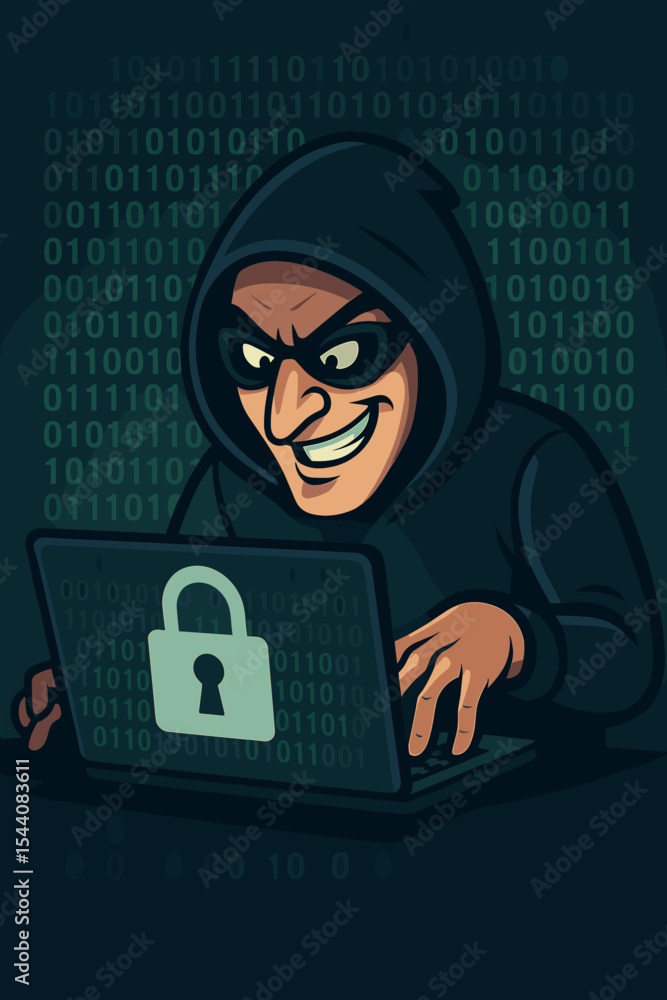 Poster hooded hacker at laptop with lock icon, binary code background. cyber security breach, computer hack