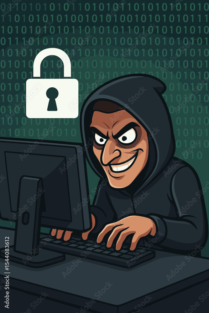 Poster hacker in hoodie at computer infiltrates secure network, binary code background, cybersecurity breac
