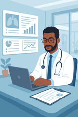 Professional doctor analyzing patient medical data and charts on laptop in modern hospital office. Healthcare technology concept. Clinical workspace illustration. Digital medical record analysis