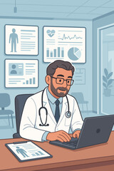 Skilled Male Doctor Analyzing Medical Data and Patient Charts on Laptop in Modern Hospital Office, Healthcare Professional Working with Digital Health Records, Vector Cartoon Illustration