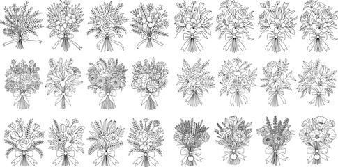 Collection of hand drawn flower bouquets in outline style
