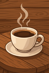 Obraz premium Hot Steaming Cup of Fresh Coffee on Rustic Wooden Cafe Table. Cozy Morning Beverage Breakfast Concept. Vector Cartoon Illustration for Coffee Shop, Cafeteria, Menu, Food and Drink Themes