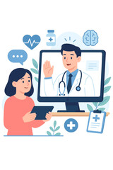 Telemedicine consultation vector illustration. Online doctor patient appointment. Remote healthcare technology. Digital medical services. Virtual diagnosis. Telehealth app. Modern medicine concept