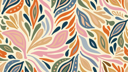 Seamless pattern featuring abstract floral and leaf shapes in a variety of muted colors