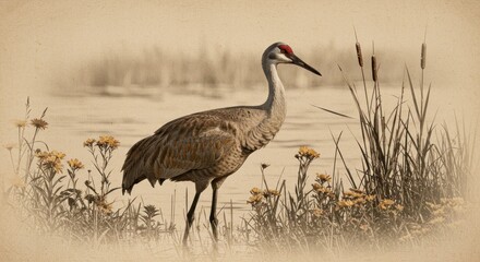Fototapeta premium Crane bird in wetland environment sepia vintage style