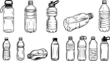 Hand-drawn illustrations of various water bottles and containers
