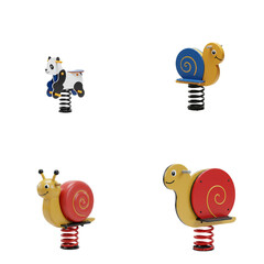 Colorful spring playground equipment for children resembling snails and cow  