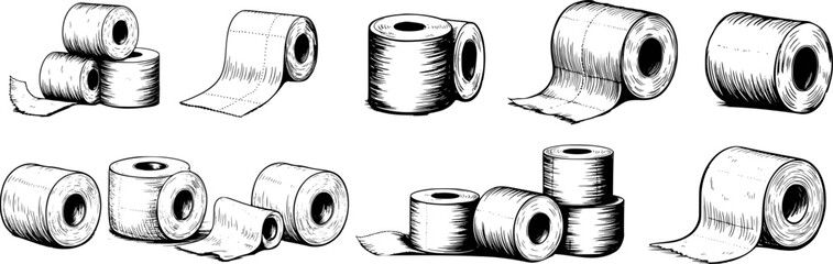 Hand-drawn illustrations of toilet paper rolls and towels