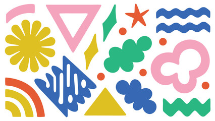 Colorful abstract shapes including flower triangle star and rainbow art on a white background design