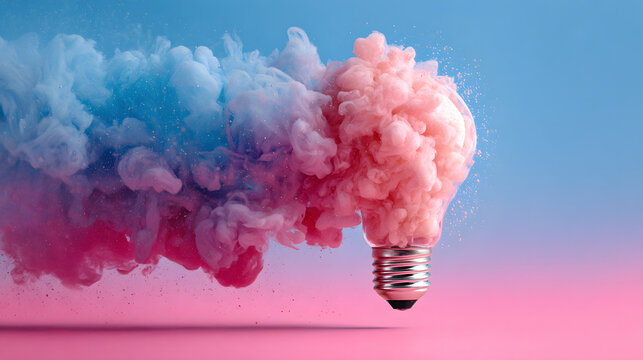 exploding bulb Light with colorful smoke represents a creative idea on a blue and pink background - Powered by Adobe