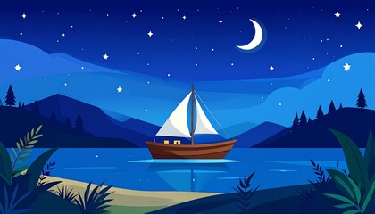 Night sailboat lake landscape.