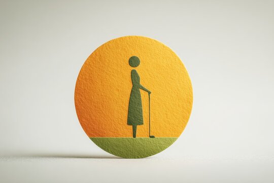 Minimalist round orange and green icon featuring the silhouette of a female golfer holding a club at sunset, representing the concept of women in sports and active retirement