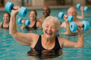 Senior Group Exercising in Pool - Photo
