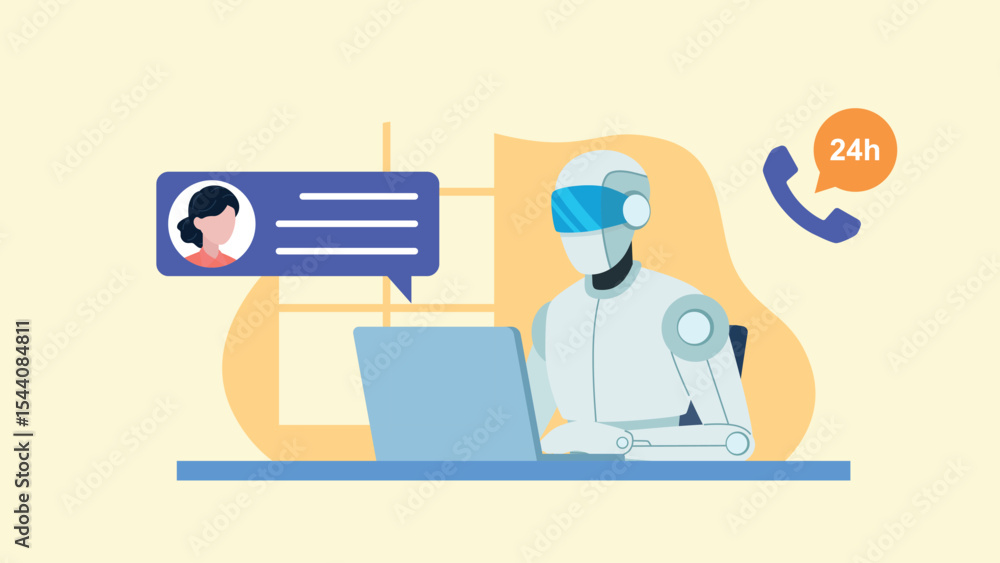 Poster chatbot working on a laptop talking to a customer. artificial intelligence in communication with the