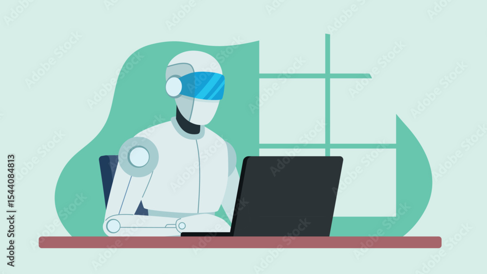 Poster artificial intelligence at work. chatbot working on laptop at desk. vector graphics in flat design s