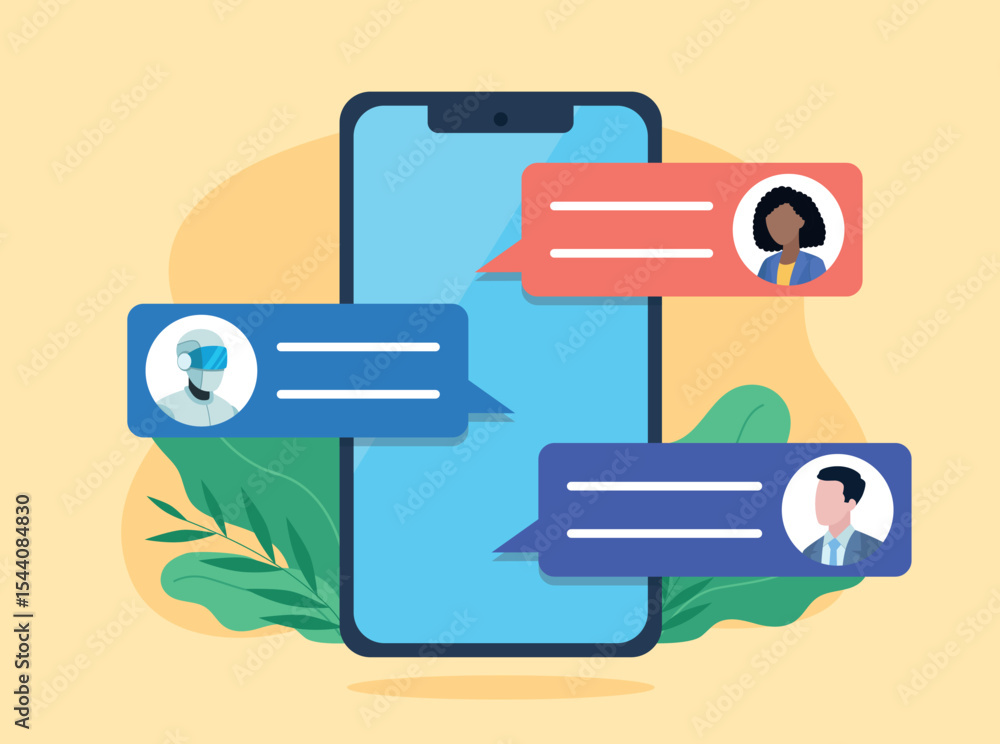 Poster customer conversation with ai chat. exchange of messages with artificial intelligence used in work a