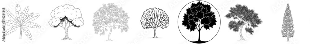 Poster tree silhouette icons set in various styles and shapes