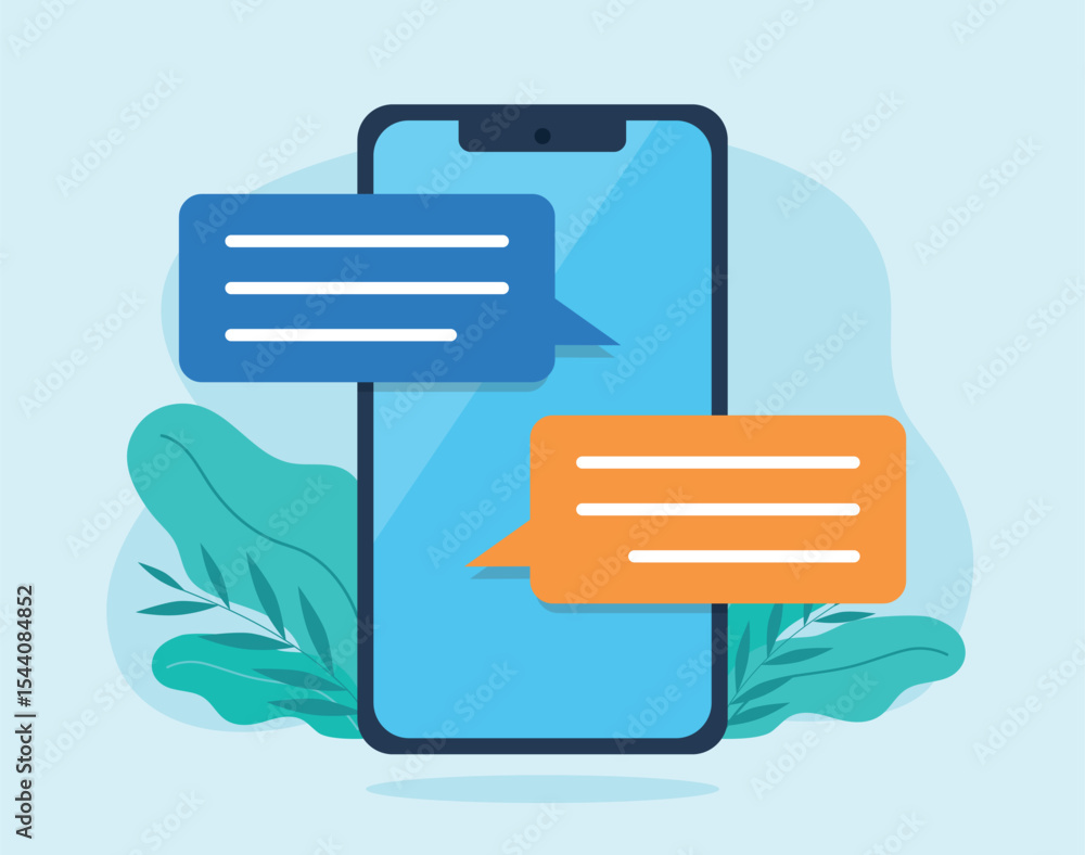 Poster text conversation on mobile phone screen. two speech bubbles from text message conversation. communi