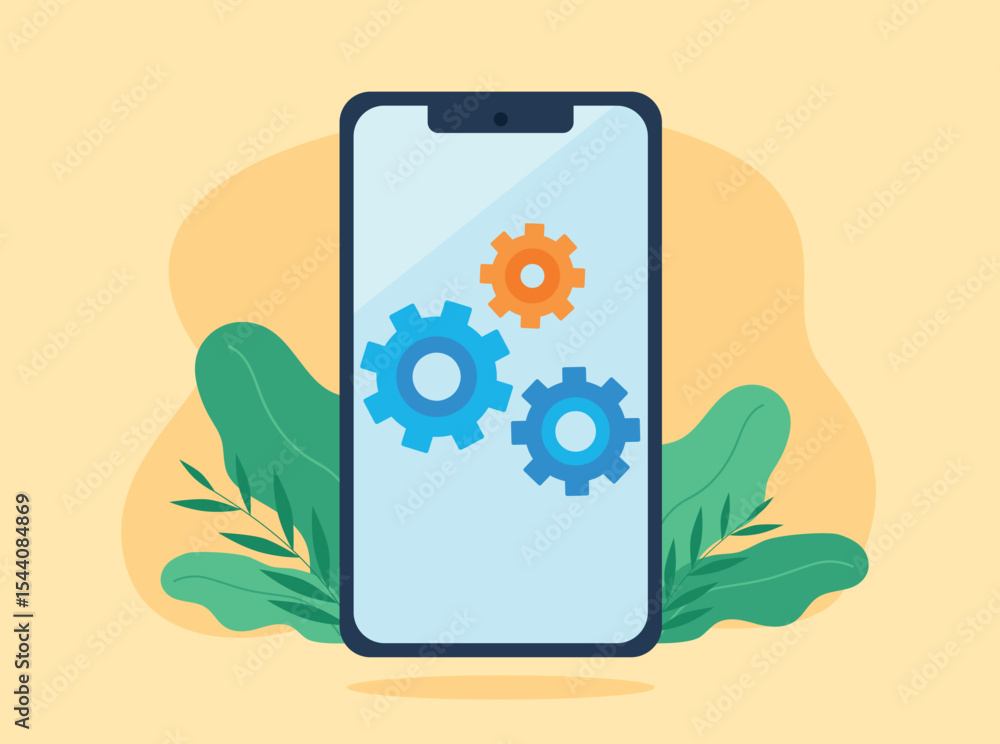 Poster graphics of gears on the screen of a mobile phone. icon of repair and troubleshooting and settings. 