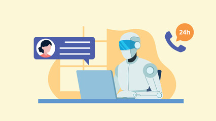 Chatbot working on a laptop talking to a customer. Artificial intelligence in communication with the customer. Help desk opened 24 h. Vector graphics in flat design style.