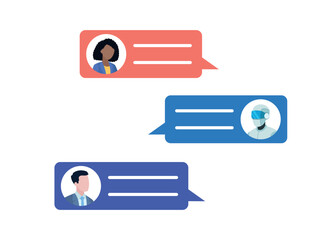 Employee chat with a chatbot. Team communication with artificial intelligence. Conversation with a client. Conversation clouds with character avatars. Vector graphics in flat design style.