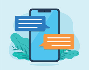Text conversation on mobile phone screen. Two speech bubbles from text message conversation. Communication via text message. Vector graphics in flat design style.