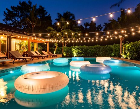 Nighttime pool party with glowing floaties and string lights