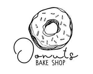 Donuts bake shop with Donuts sketch. Text with hand drawn sketch element. Food Branding. Dessert Logo. Typography poster for poster, card. Traditional dessert with topping and sprinkles.