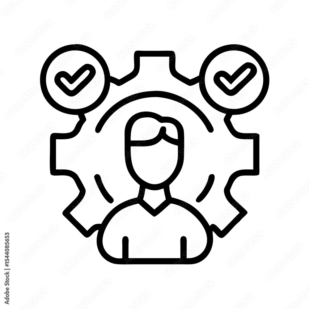 Poster employee skills management and development icon, gear with check mark for performance review process