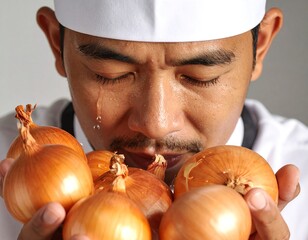 Chef Sniffing Onions With Large Tear on His Cheek