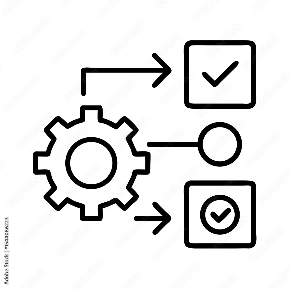 Poster workflow automation process diagram with gear, arrows and check marks for business optimization