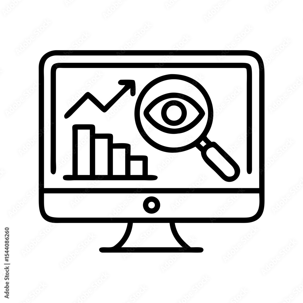Poster data analytics and seo analysis on computer screen with graph and magnifier for business insights