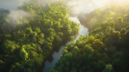 Aerial View of Lush Rainforest River