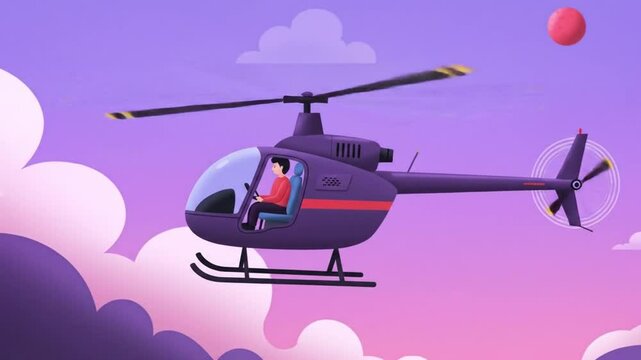 Whimsical Ascent: A charming, vibrant illustration depicts a helicopter soaring through a dreamy, pastel-colored sky, piloted by a single individual, ready for a scenic flight. 