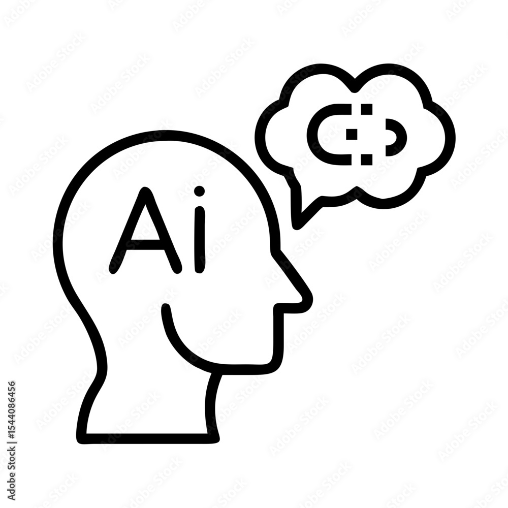 Poster ai artificial intelligence head with speech bubble and code for machine learning concept design icon