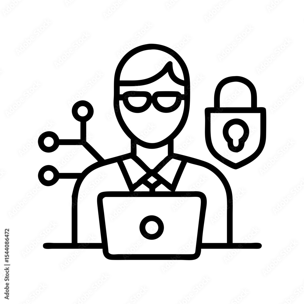 Poster cyber security expert working on computer for data protection and network security online service